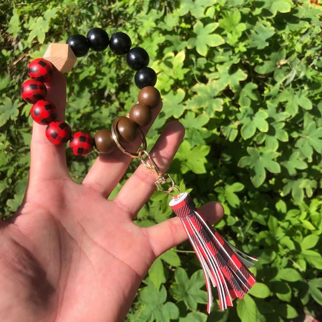 Wholesale Christmas Wooden Beads Plaid Leopard Print PU Tassel Bracelet Keychain