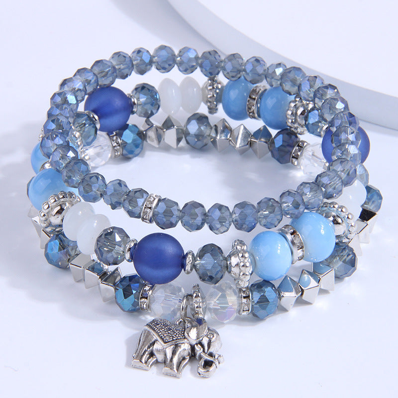 Wholesale Glass Bead Alloy Small Elephant Pendant Multilayer Bracelet