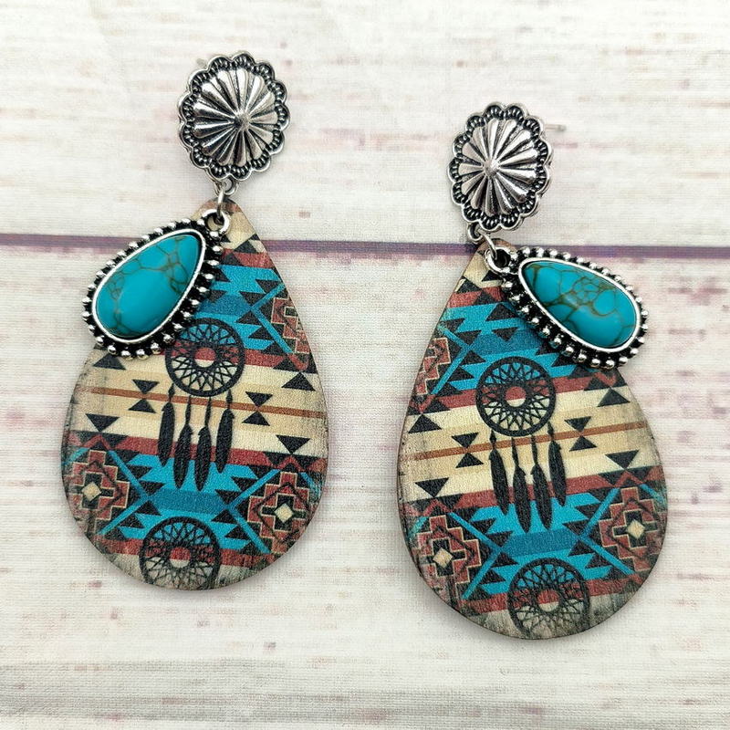 Wholesale Ethnic Turquoise Western Style Aztec Leather Drop Earrings