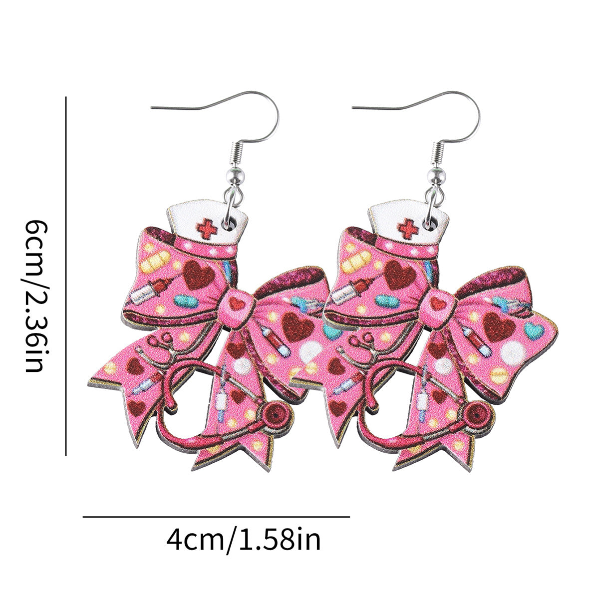 Wholesale Pink Love Nurse Hat Stethoscope Bow Pendant Wooden Earrings