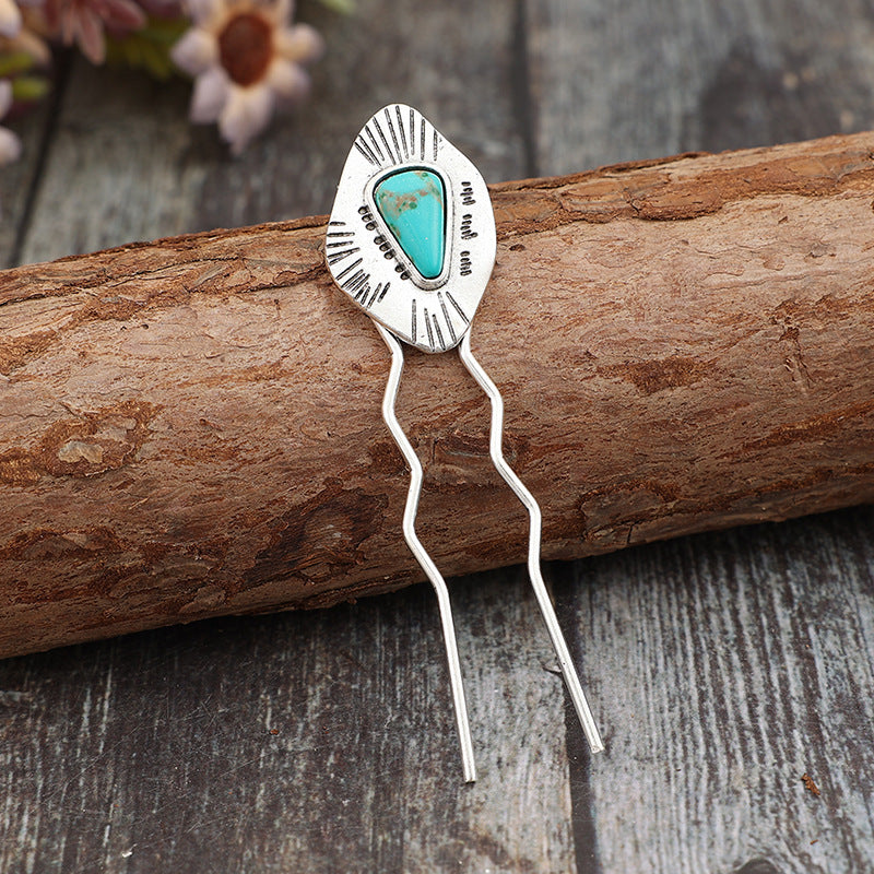Wholesale Palace style inlaid turquoise long retro alloy hairpin