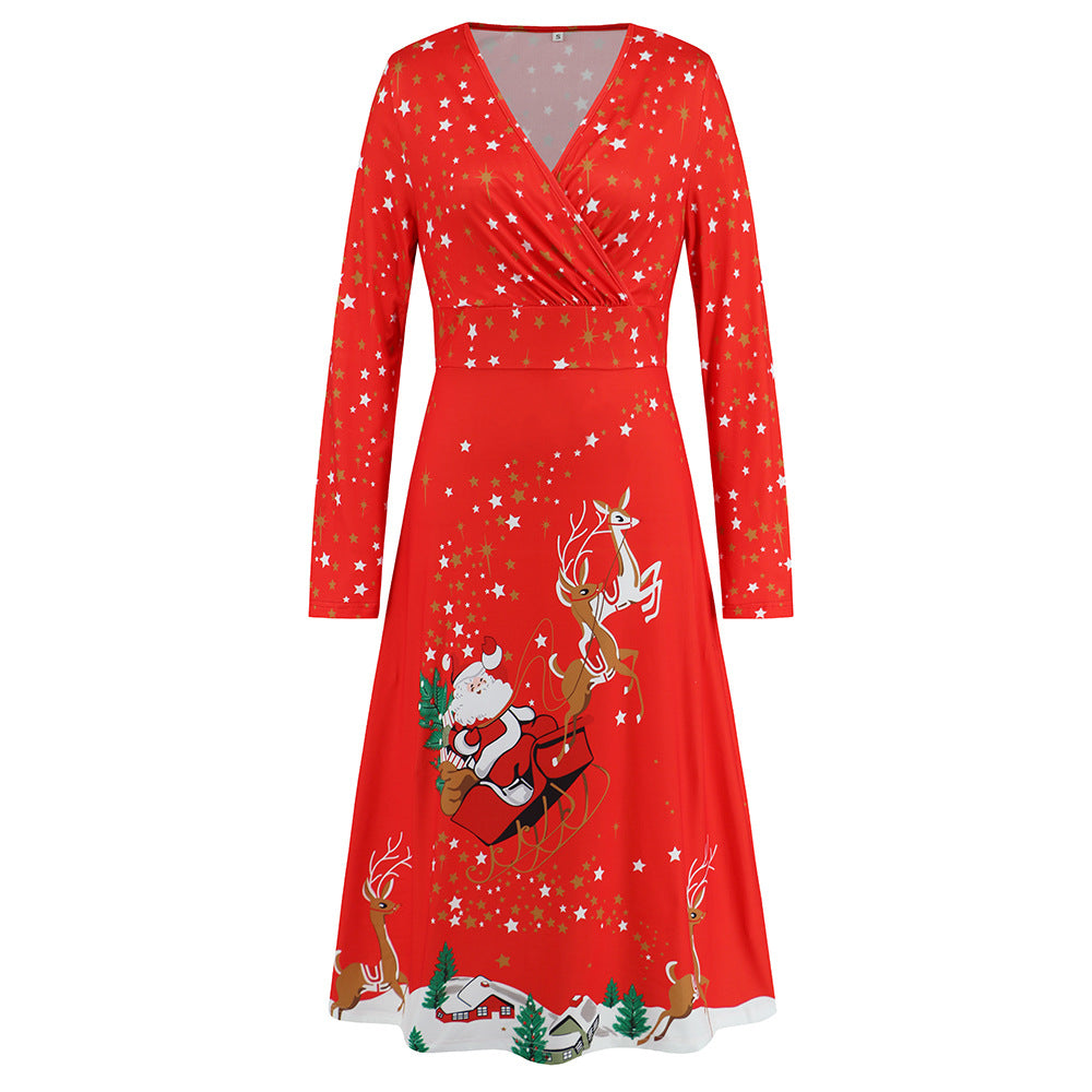 Wholesale Women's V Neck Long Sleeve Christmas Printed Dress