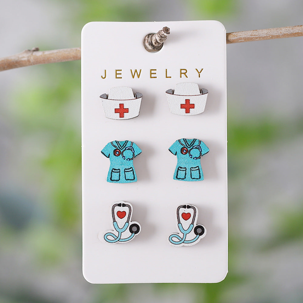 Wholesale Nurse' s Day Stethoscope Nurse Cute Heart and Lung Organs Wooden Earrings