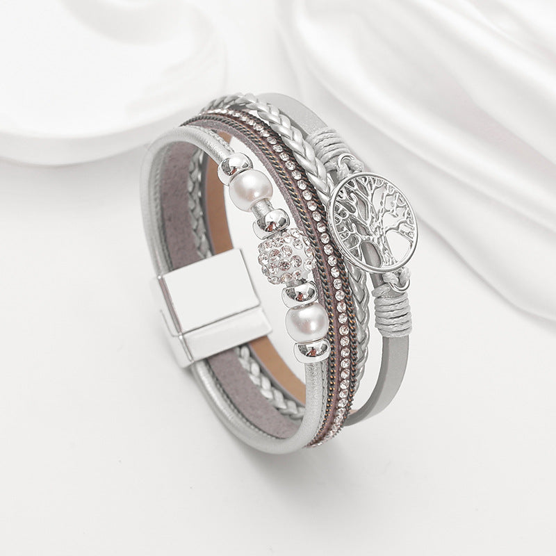 Wholesale Ethnic style imitation pearl diamond ball magnetic clasp woven bracelet