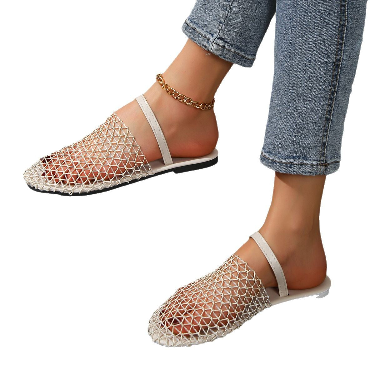 Wholesale French mesh woven hollow flat closed toe slippers
