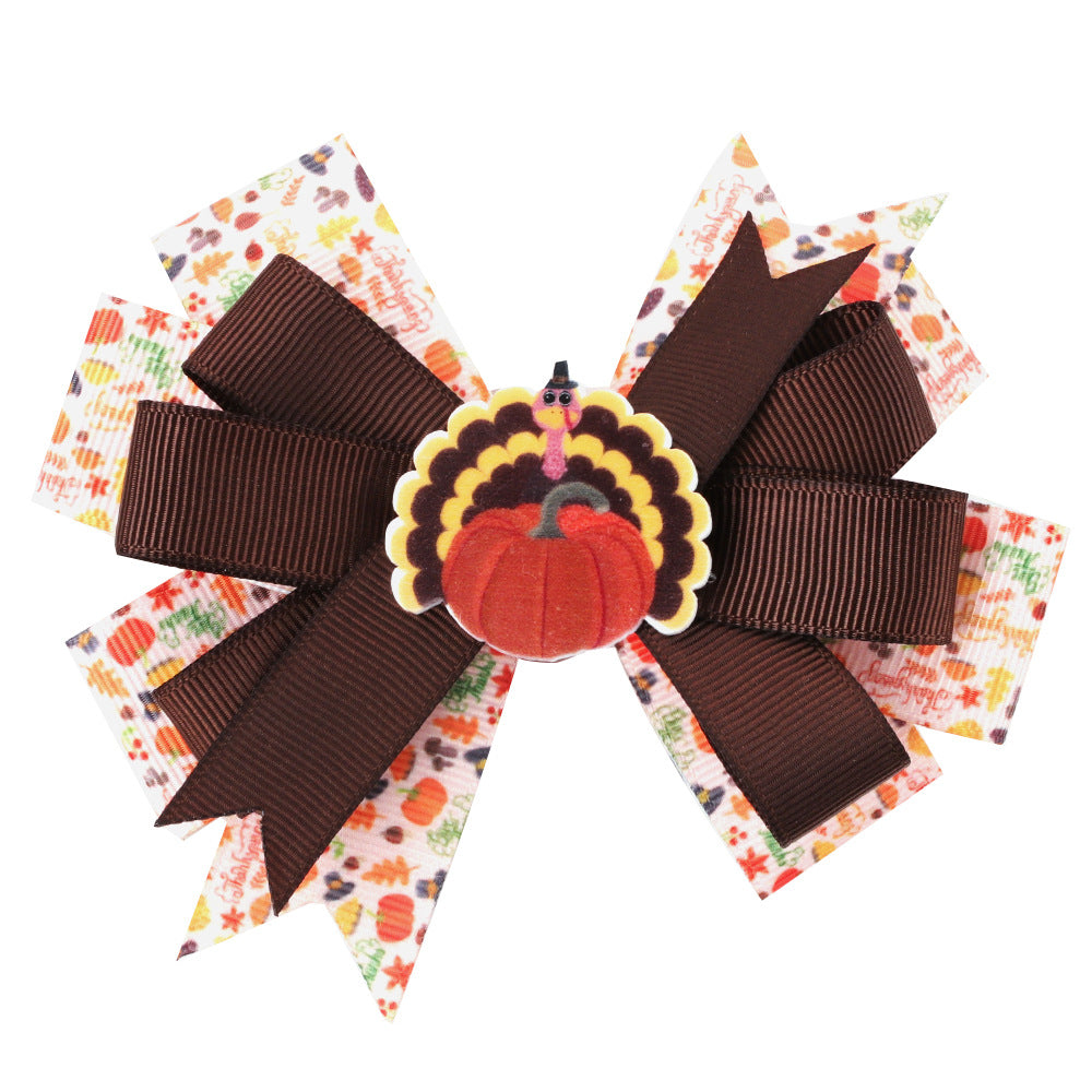 Wholesale 10pcs/pack Thanksgiving Children' s Bow Hairpin Point Small Turkey Accessories Headwear Rowan Ribbon