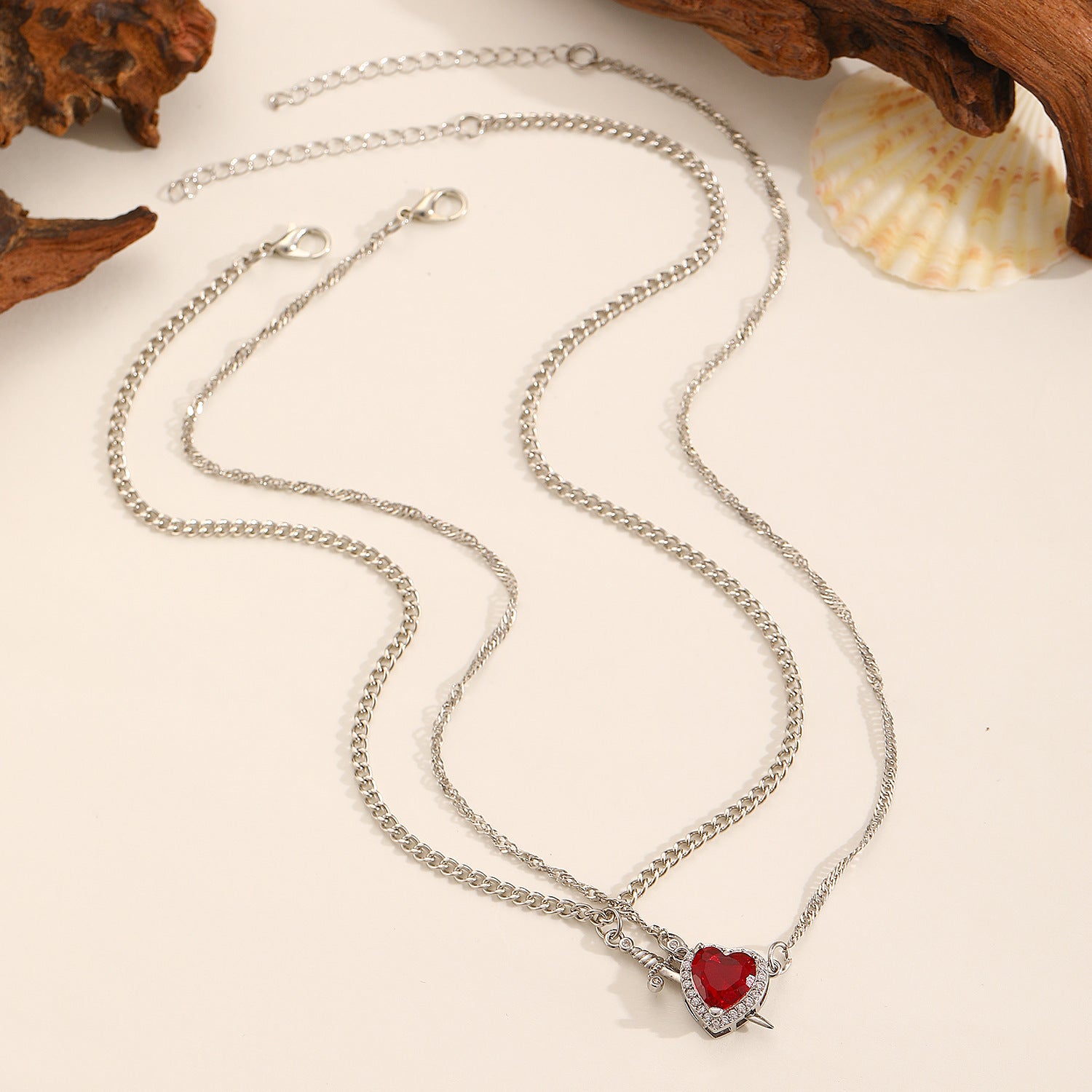 Wholesale  One-Arrow-Through-The-Heart Red Zircon Heart Dagger Pendant  Alloy Necklace