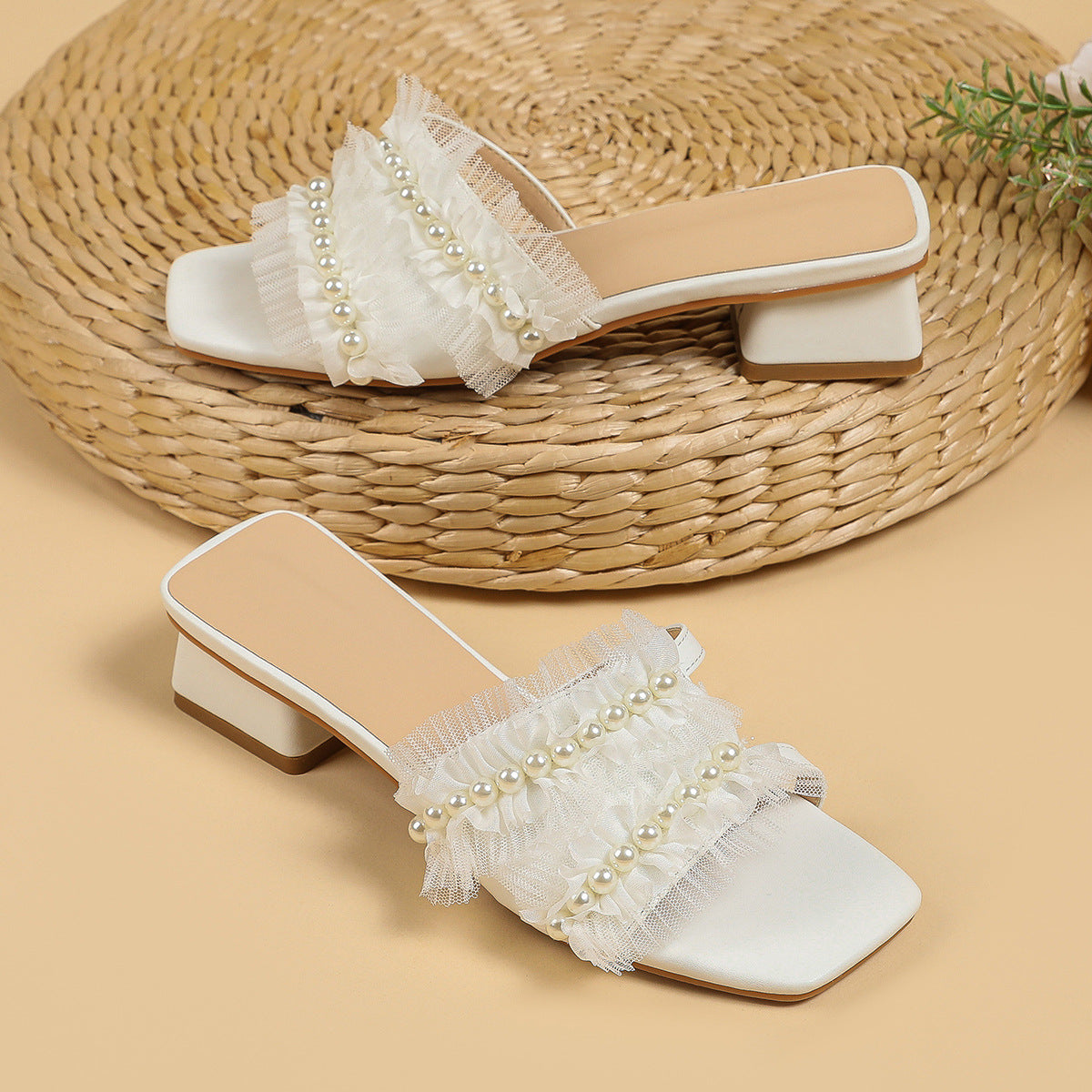 Wholesale PU Chunky Heel Open Toe Slippers