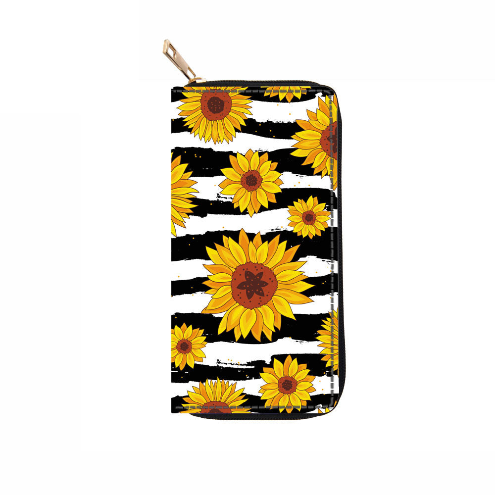 Wholesale Sunflower Long PU Zipper Printed Wallet