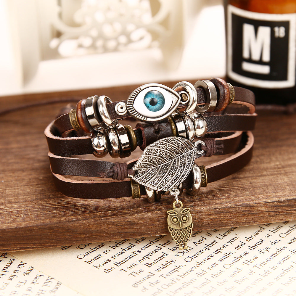 Wholesale Vintage Leaf Handwoven Multi-layer Leather Bracelet