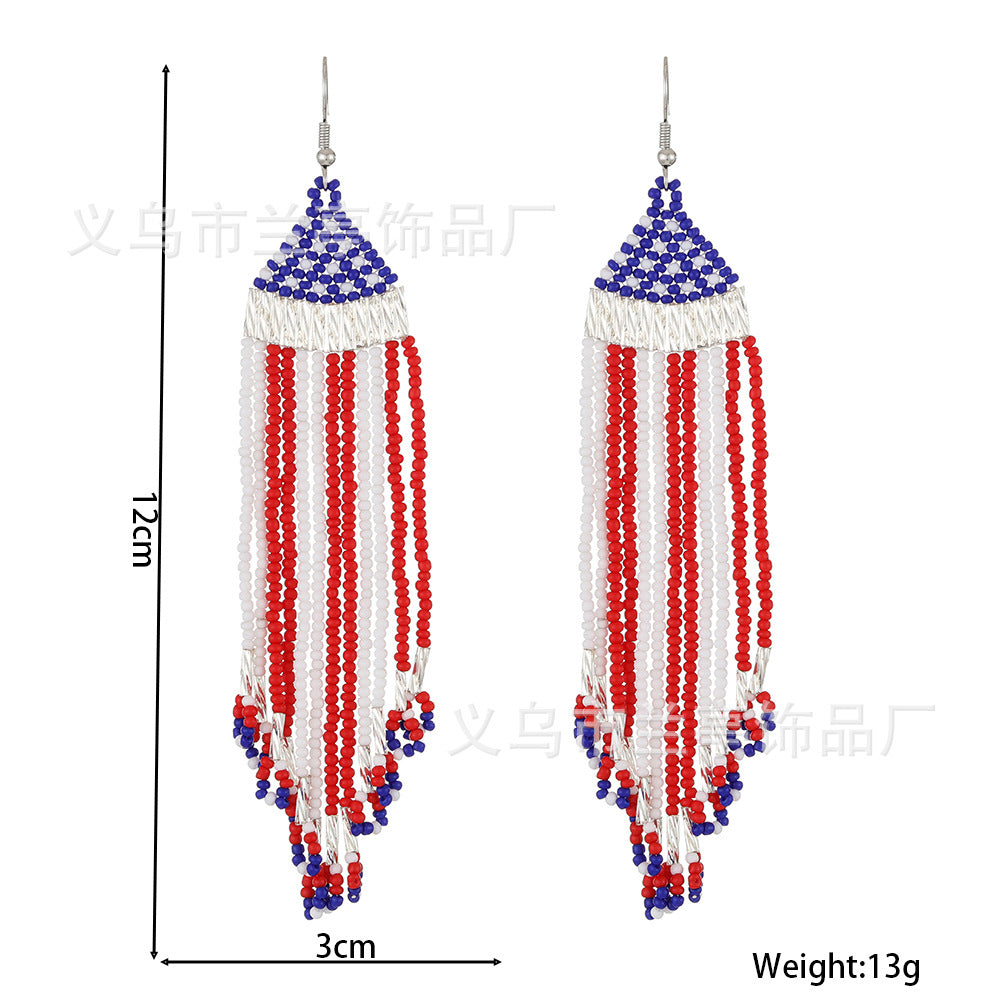 Wholesale of American Flag Rice Bead Tassels Hand Woven Earrings
