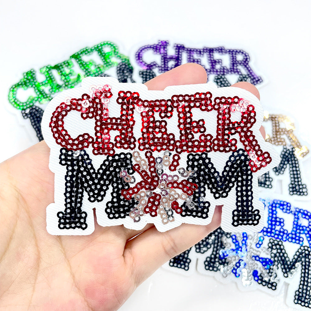 Wholesale Cheer Mom Sequin Patch Small Green Iron On Embroidery Applique For ets Stylish Fashion Accessory