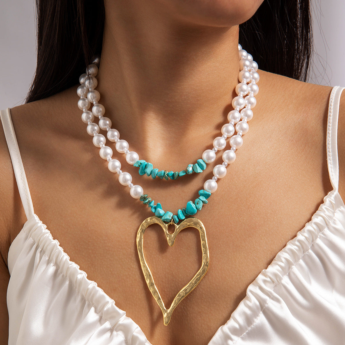 Wholesale Vintage Heart Imitation Pearl Turquoise Necklace