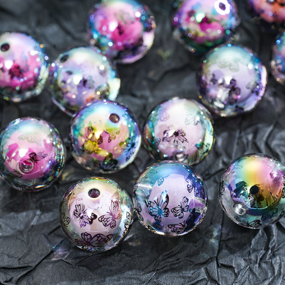 Wholesale 10pcs Acrylic Bead-In-Bead Butterfly Print Round Beads
