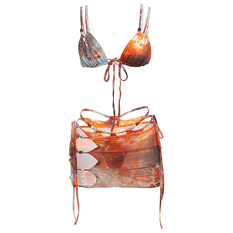 Wholesale Summer Printed Mesh Lace-Up Swimsuit Three-Piece Set