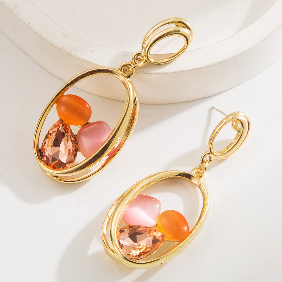 Exaggerated Long Earrings S925 Silver Needle Inlaid with Diamond Cat's Eye Stone Personalized High-End Elegant Earrings for Women