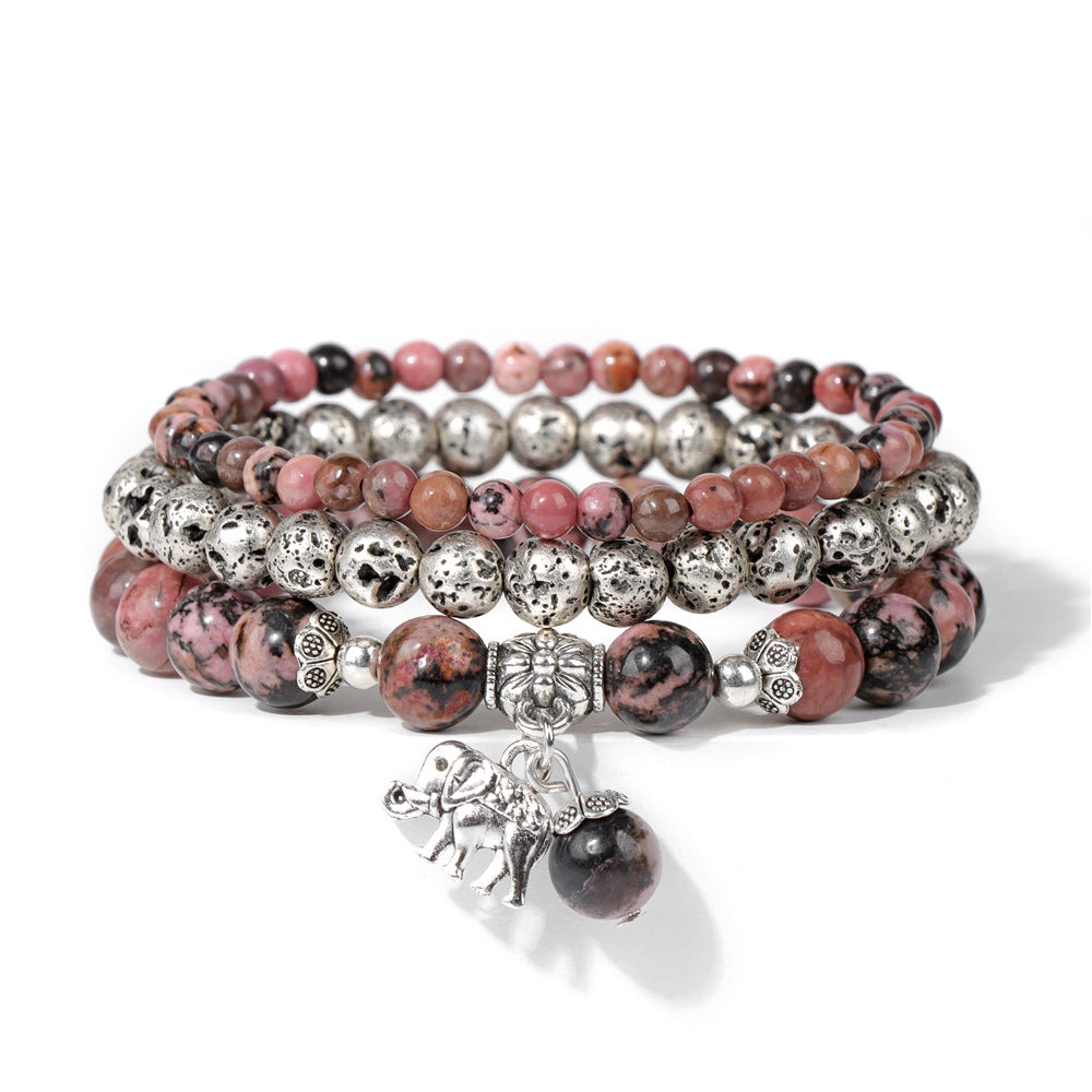 Cuentas de piedra natural al por mayor cuentas de piedra volcánica colgante de elefante de tres capas pulsera