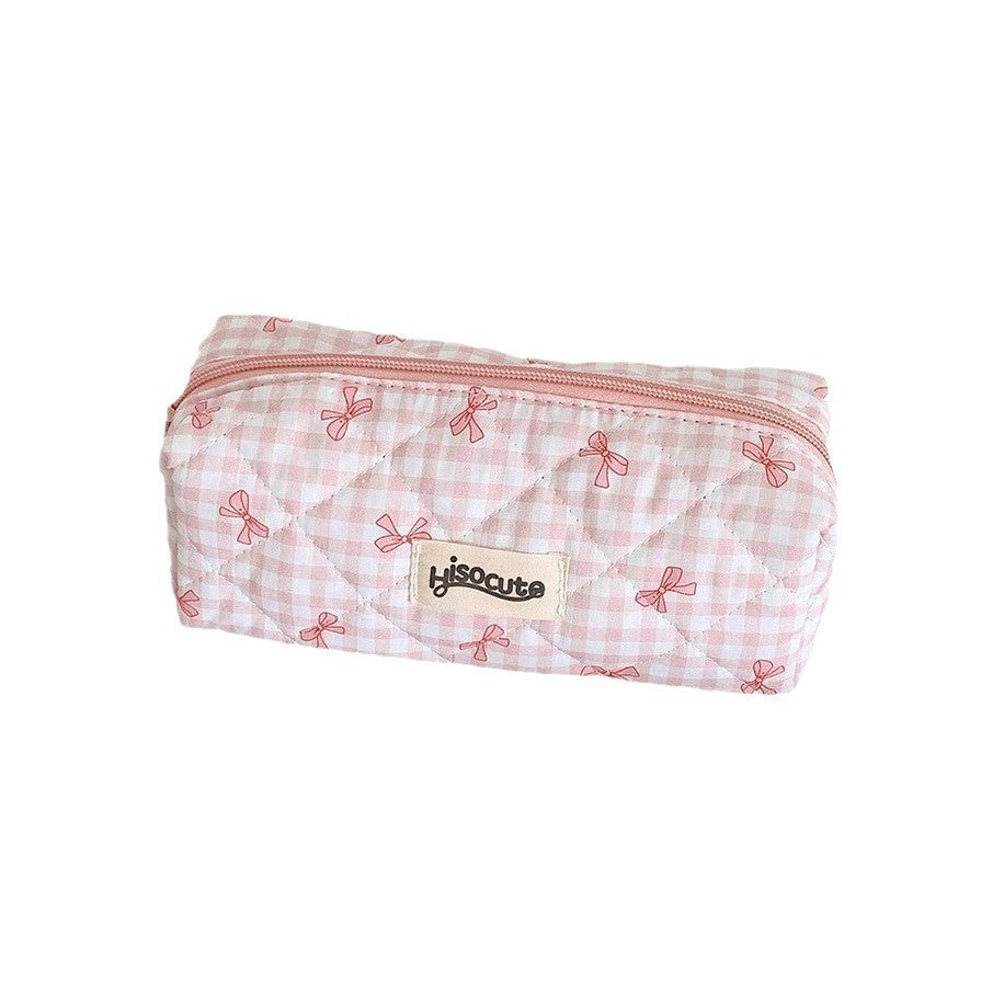 Wholesale  Cream Color Plaid Bow Polyester Pencil Case