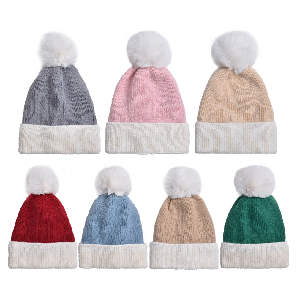 Wholesale Wool Ball Color Matching Knitted Hat Autumn and Winter Plus Velvet Thickened Windproof and Cold-proof Woolen Hat
