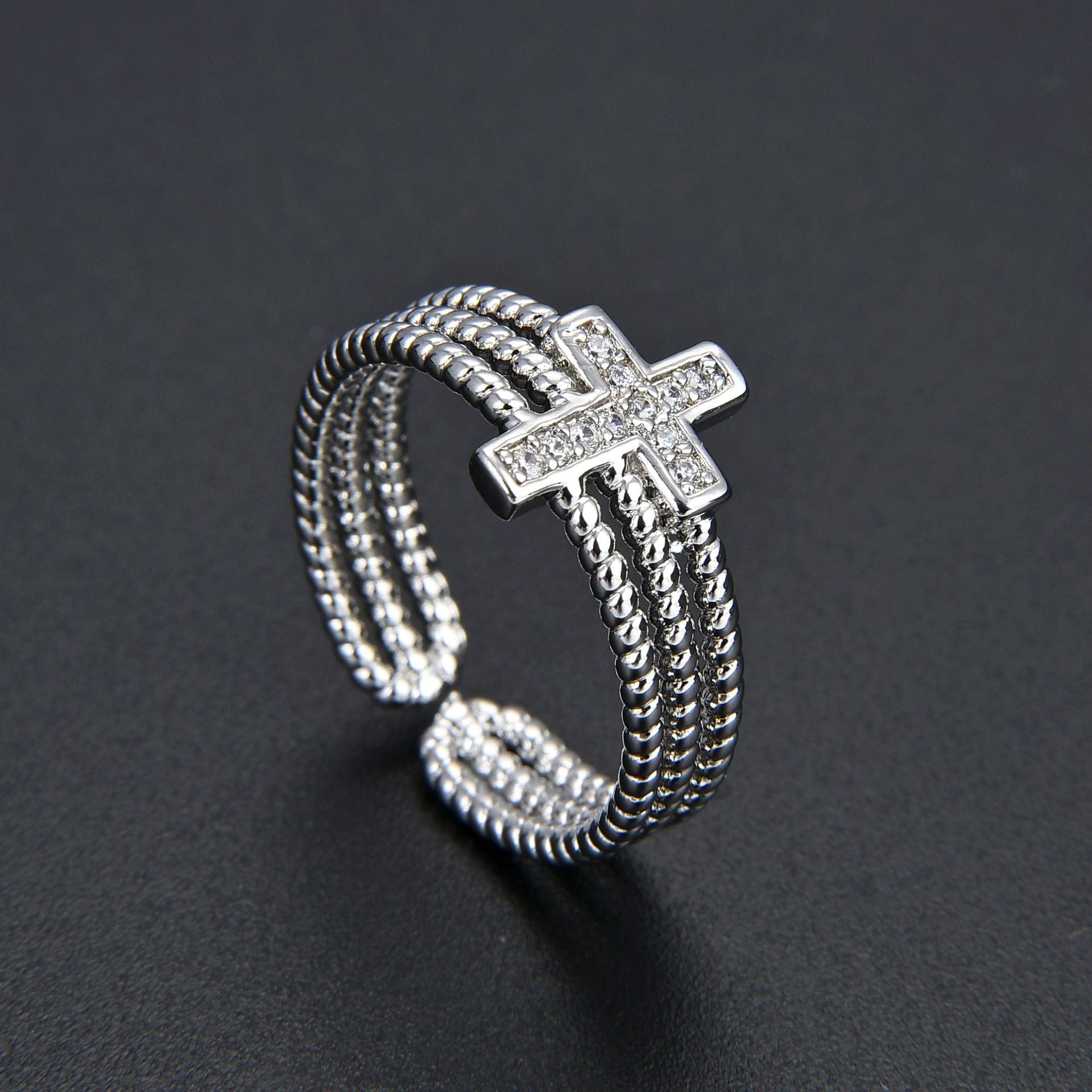 Wholesale Multi-layered Diamond Zircon Cross Open Adjustable Ring