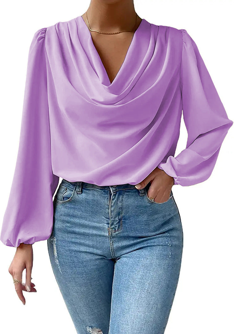 Wholesale chiffon long sleeve shirt loose draped v-neck top T-shirt women's clothing