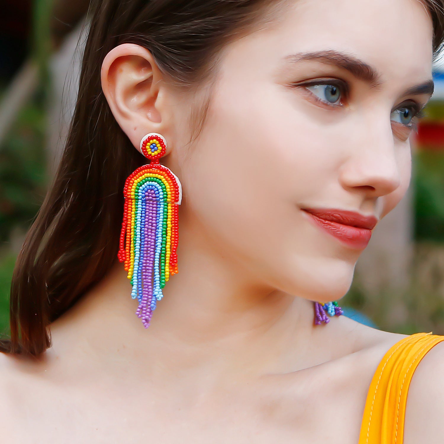 Wholesale Bohemian Tassel Rainbow Hand Woven Rice Bead Earrings