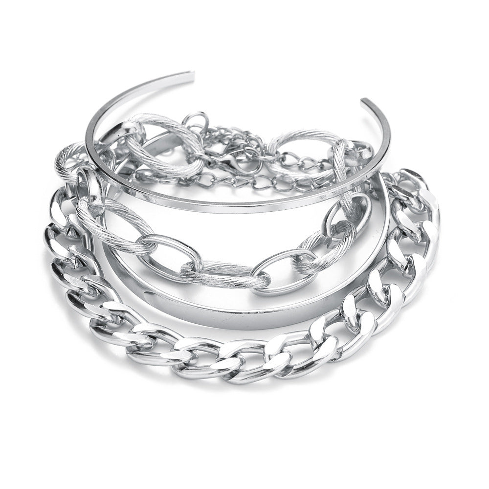 Wholesale Thick Chain Multi-layer Open Alloy Bracelet Set