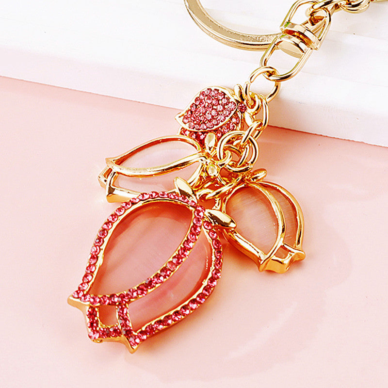 Wholesale Pink Four Leaf Clover Love Lock Keychain Rhinestone Inlaid Metal Car Key Ring Fashion Accessory Gift