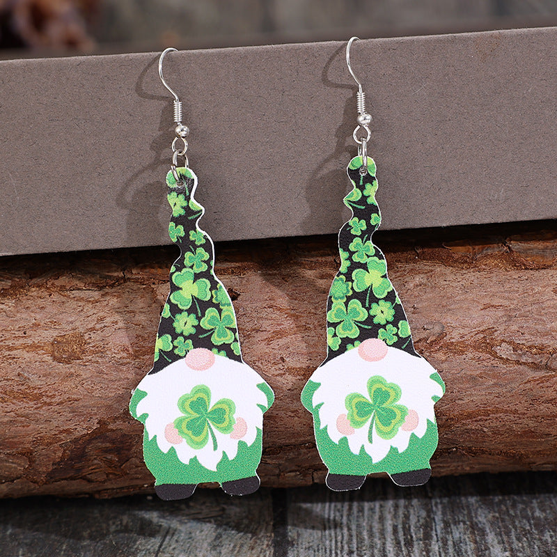 Wholesale St. Patrick's Day gnome clover leather earrings