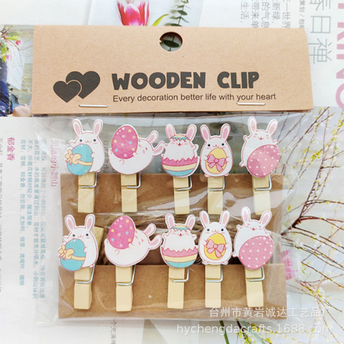 Wholesale Easter element collection cartoon rabbit clip hanging photo wall kindergarten flower shop card Easter egg small wooden clip