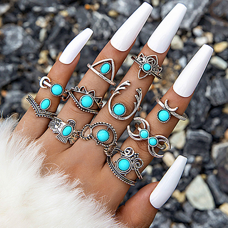 Wholesale Vintage turquoise carved feather ring set