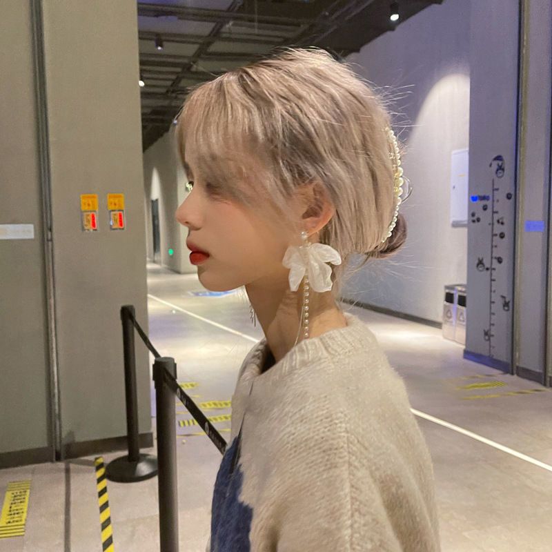 Wholesale Silver Needle White Chiffon Bow Pearl Long Tassel Vintage Earrings