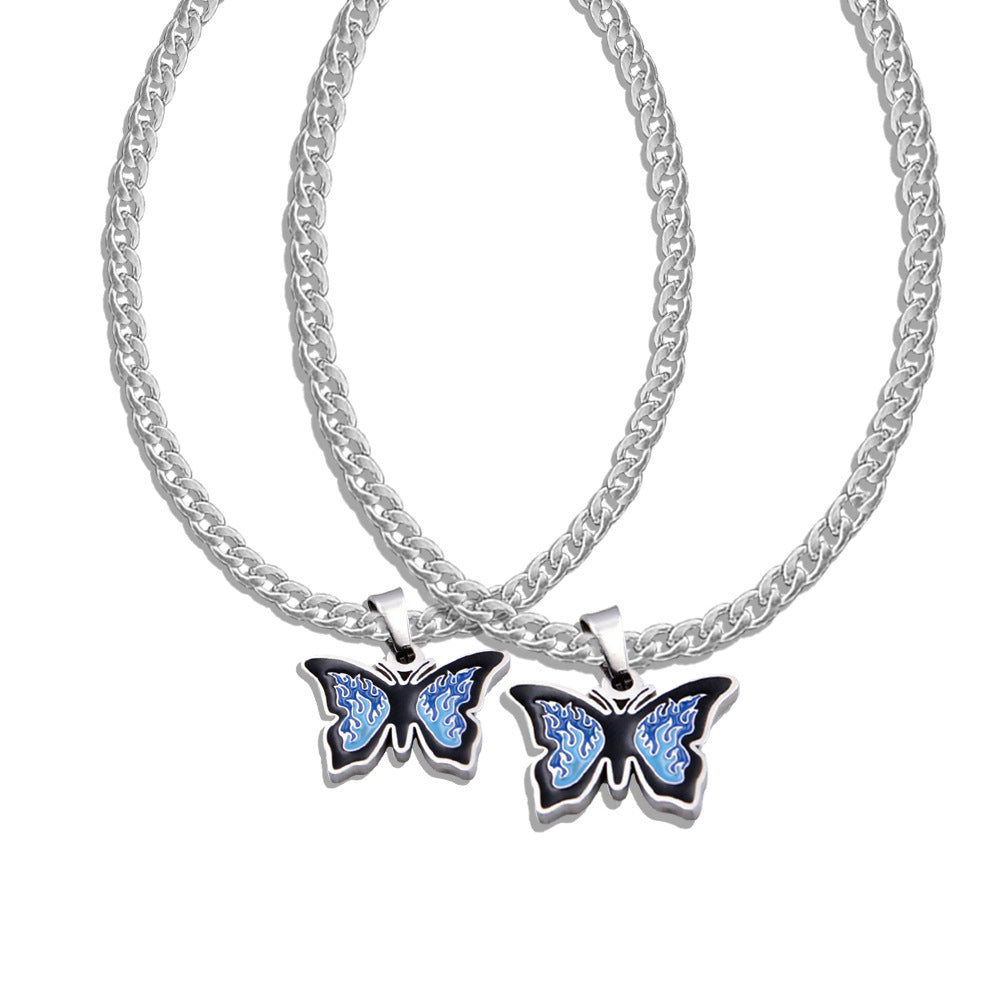 Wholesale Blue Titanium Steel Butterfly Necklaces