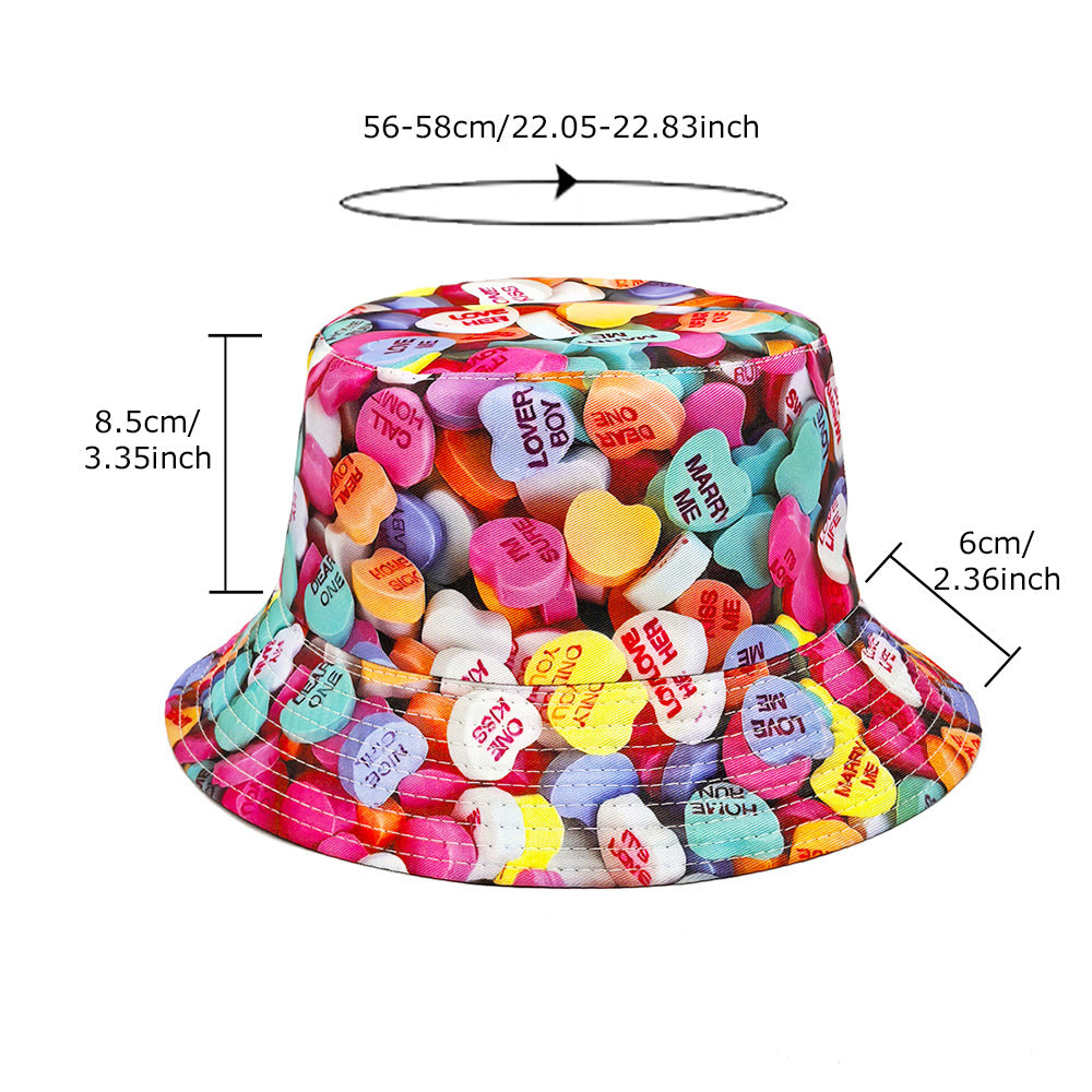 Wholesale Valentine's Day Love Candy Printed Fisherman Hat Couple Outdoor Sun Hat Children's All-match Double-sided Basin Hat