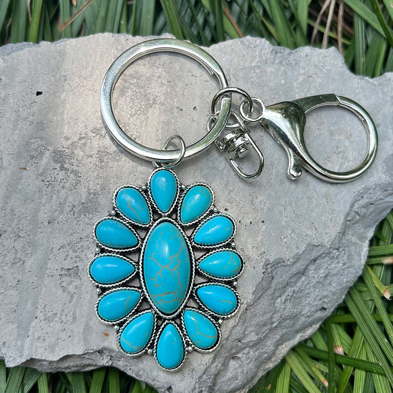 Wholesale 2pcs Turquoise Vintage Pumpkin Flower Cactus Western Style Keychain