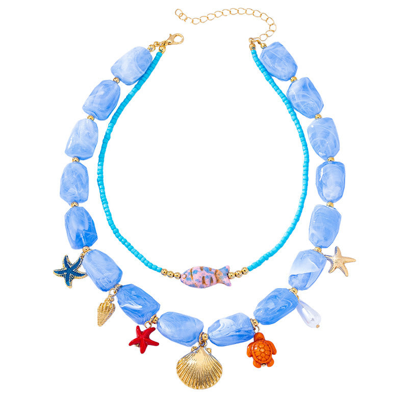 Wholesale Electroplated Alloy Ocean Vacation Style Beaded Necklace Starfish Shell Pendant Women Fashion Jewelry Gift