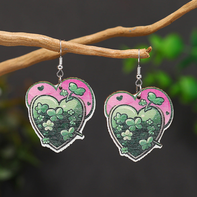 Wholesale Patrick's Day Four Leaf Clover Heart Owl Wooden Earrings