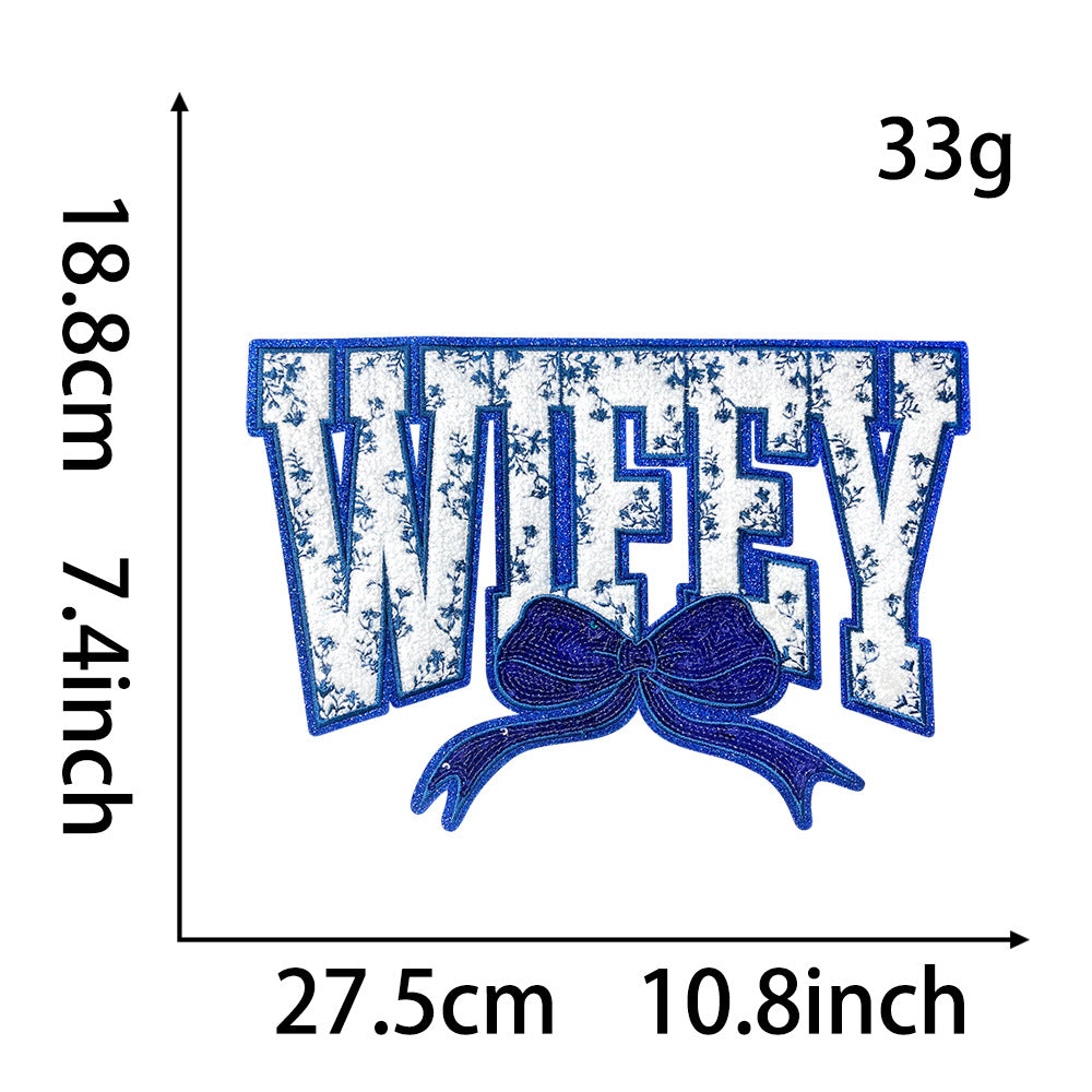 Wholesale Large Sequin Embroidered Patch Blue Wifey Motif DIY Embroidery Accessory For Coat And Bag Decoration