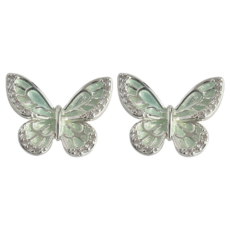Wholesale Micro inlaid zircon mint green silver needle butterfly earrings