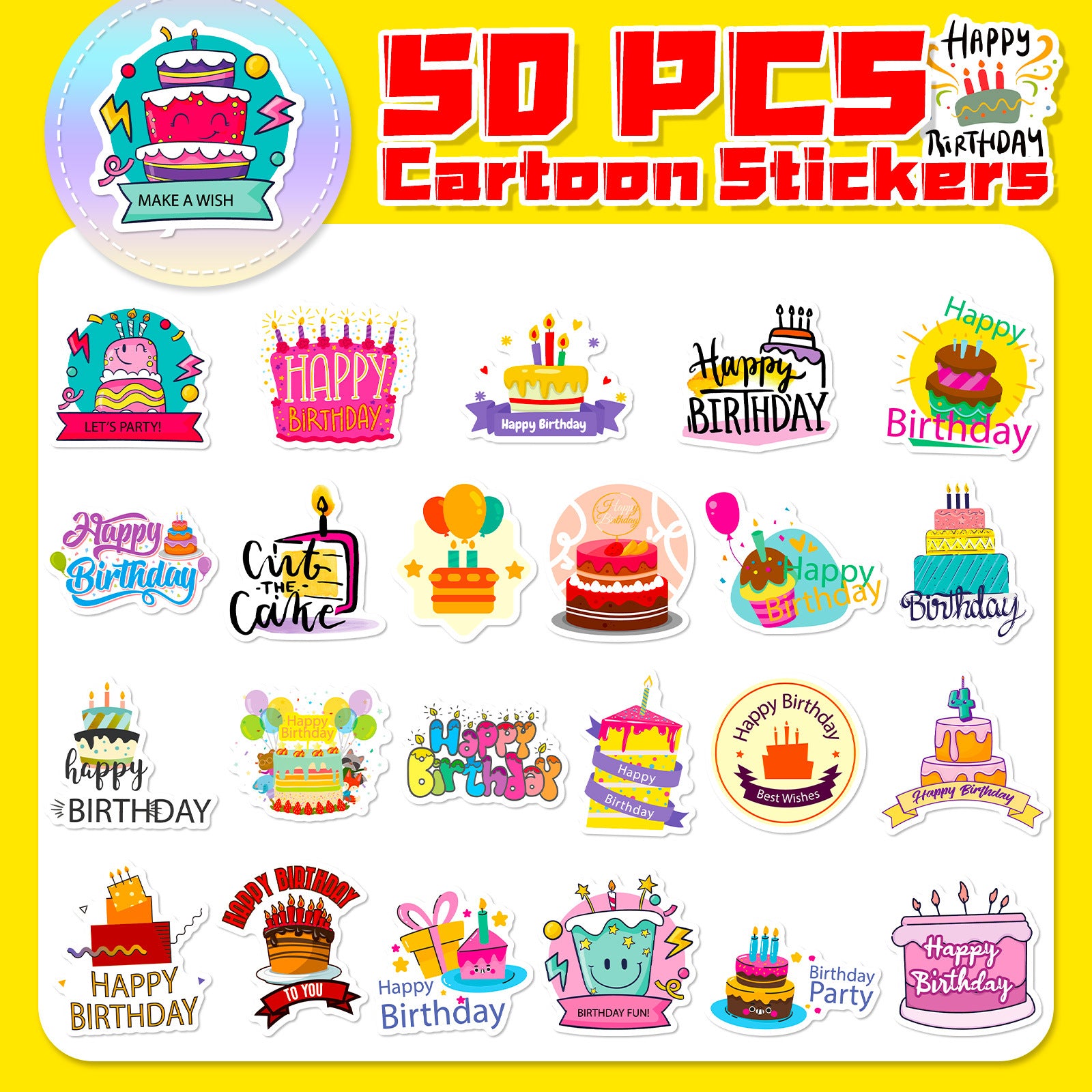 Wholesale 50pcs birthday cake stickers birthday wishes graffiti stickers DIY happy birthday stickers