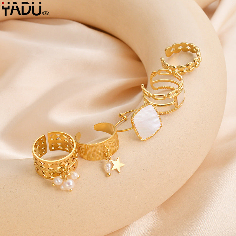 Wholesale French Vintage Irregular Pearl Ring For Women Stainless Steel Hollow Adjustable Chic Jewelry Accessory