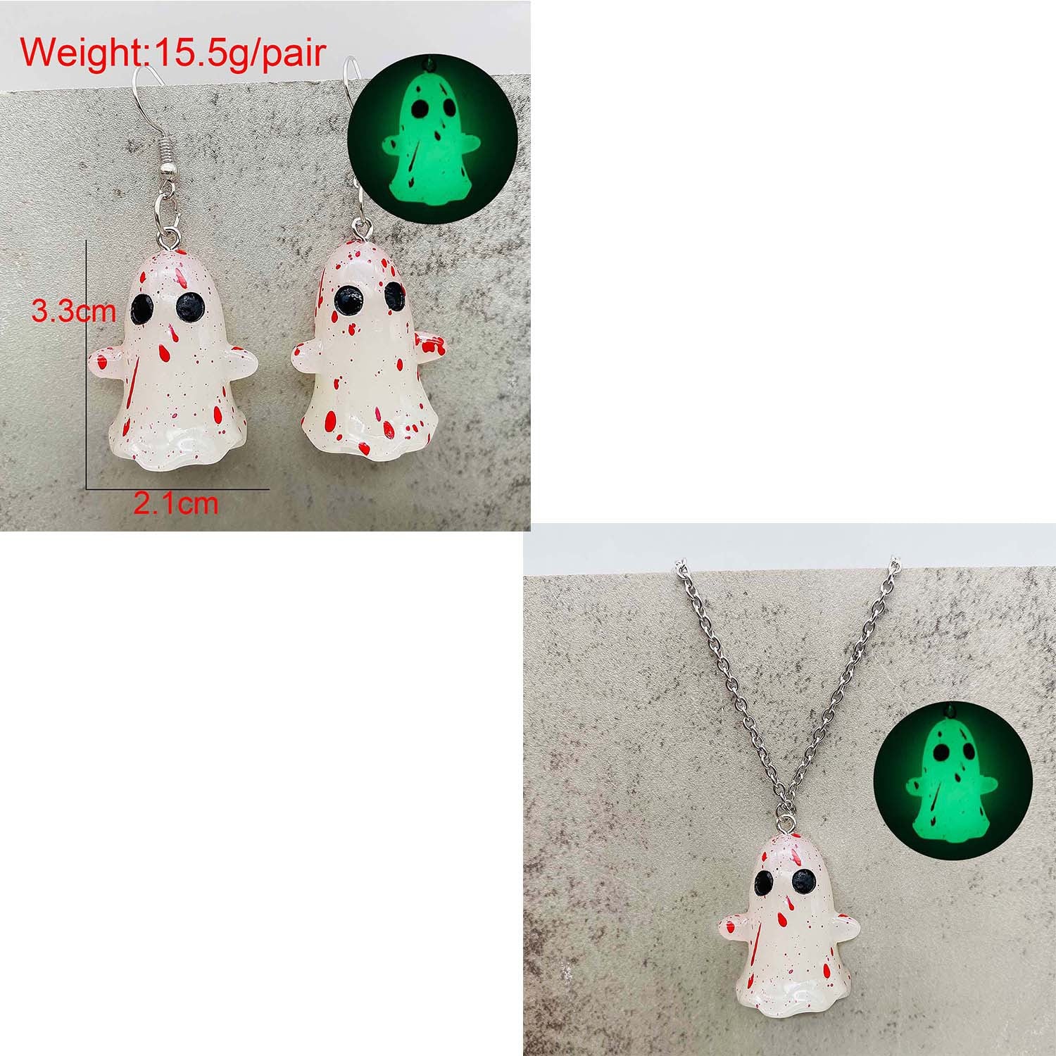 Wholesale Stereo Resin Glow-in-the-dark Ghost Halloween Wishing Bottle Earrings and Necklaces Set
