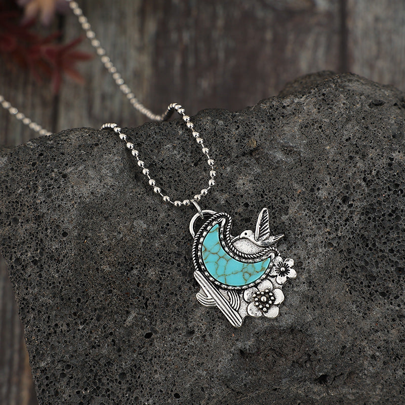 Wholesale Vintage cactus flower bird crescent turquoise alloy necklace