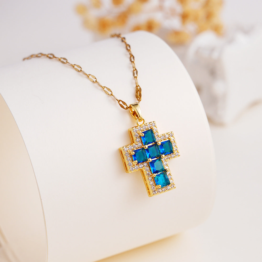 Wholesale copper inlaid colorful zircon cross pendant necklace