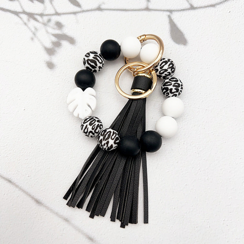 Wholesale leaf silicone printing silicone beaded tassel Wrist keychain