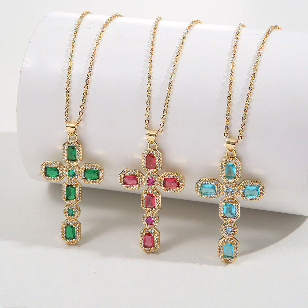 Wholesale  Religious Inlaid Zircon Cross Pendant Copper Necklace