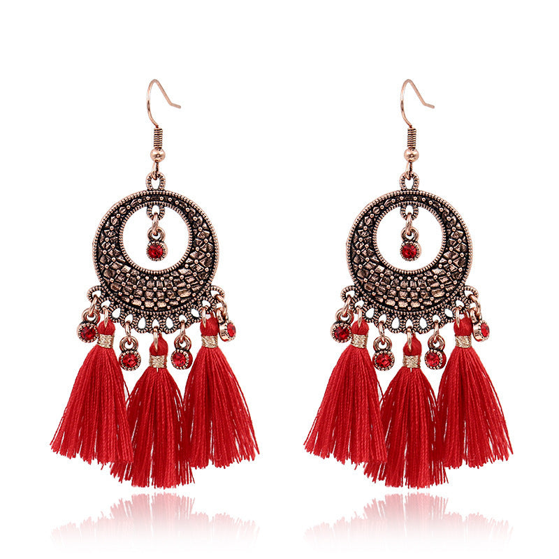 Wholesale Bohemian Red Vintage Tassel Dream Catcher Earrings