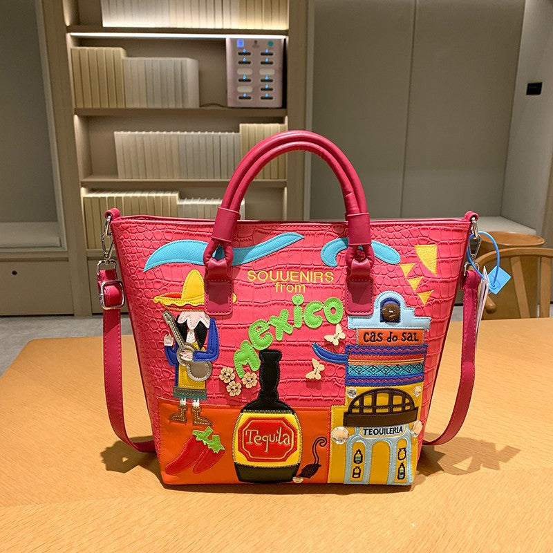 Bordado de tema mexicano de PU al por mayor Bordado de gran capacidad Bolso de hombro casual