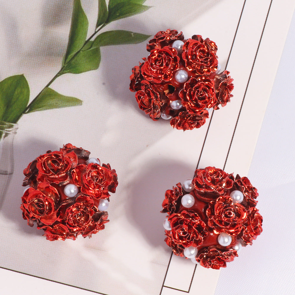 Wholesale 5PCS/Pack New Pearl Rose Flower Ball Straight Hole Loose Beads Beading DIY Mobile Phone Chain Key Chain Bag Chain Jewelry Accessories