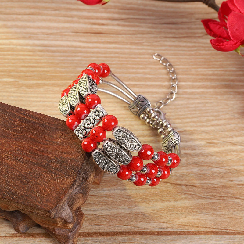 Wholesale handmade ethnic style colorful beads silver  bohemian bracelet